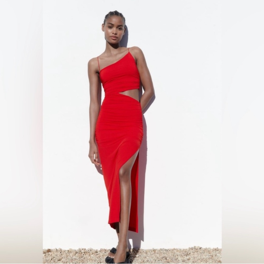WOMAN ZARA NEW CUT OUT ASYMMETRICAL DRESS RED - Picture 12 of 16